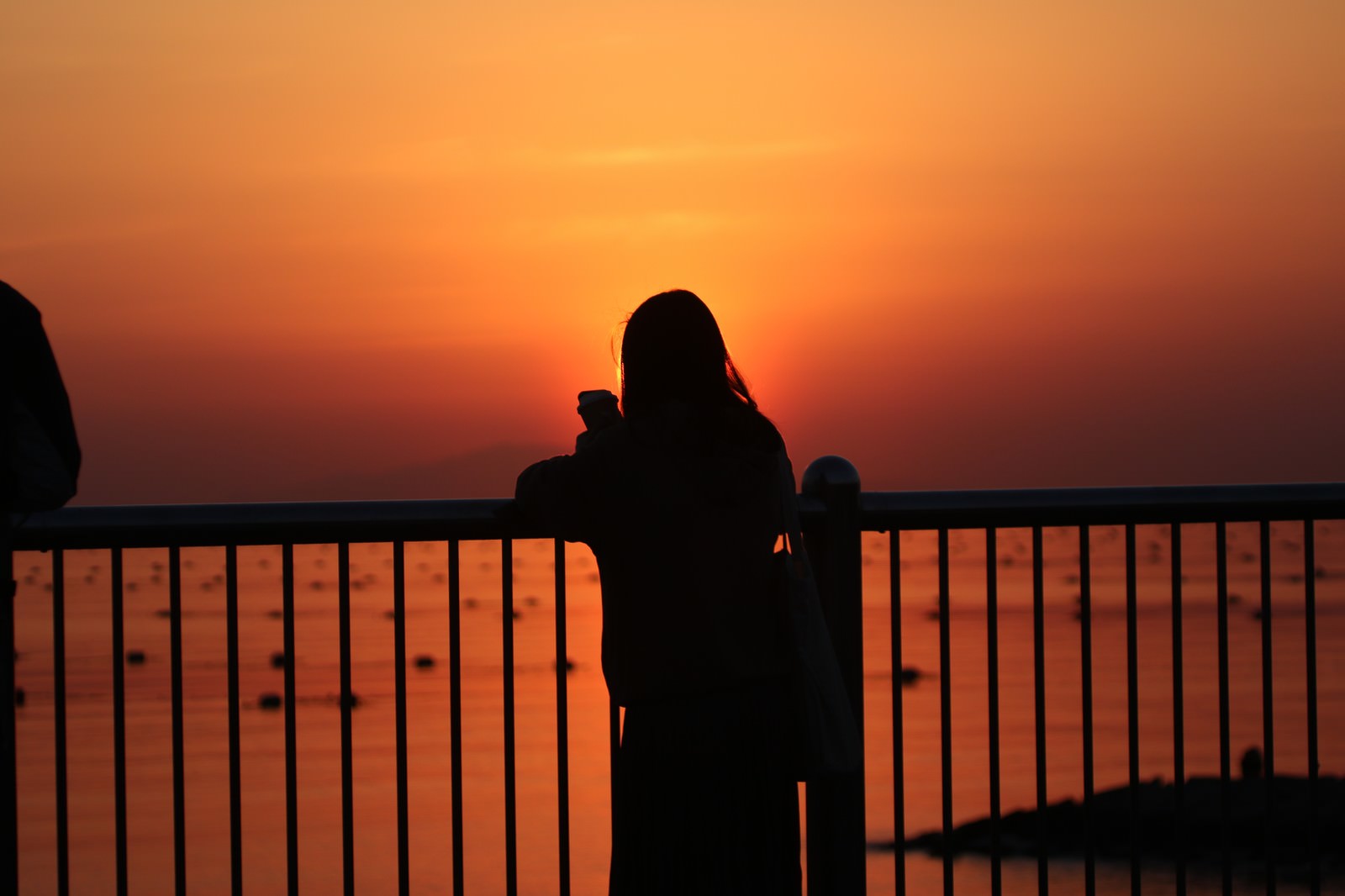 夕暮れの海岸と女性のシルエットの写真素材 ぱくたそ