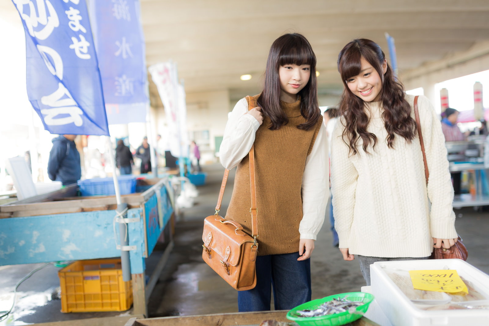 「市場で地元の特産品を見て回る女性観光客」の写真［モデル：河村友歌 渡辺友美子］