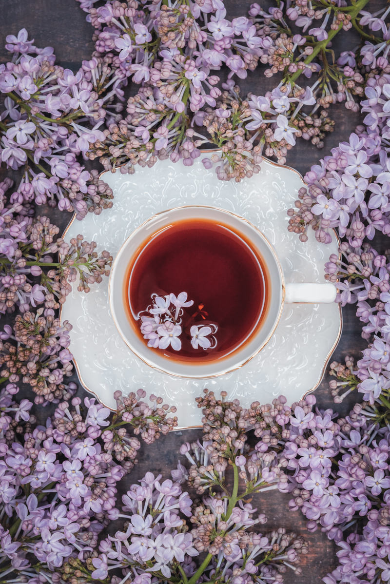 「紅茶に浮かぶライラックの花びら | フリー素材のぱくたそ」の写真