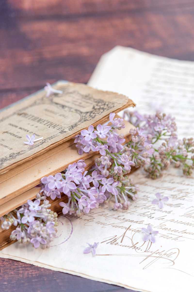 「洋書と手紙から溢れるライラックの花 | フリー素材のぱくたそ」の写真