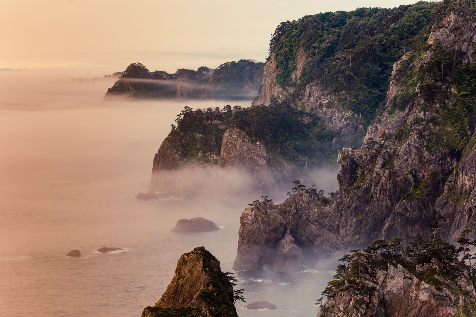「朝霧残る北山崎の夜明け | フリー素材のぱくたそ」の写真