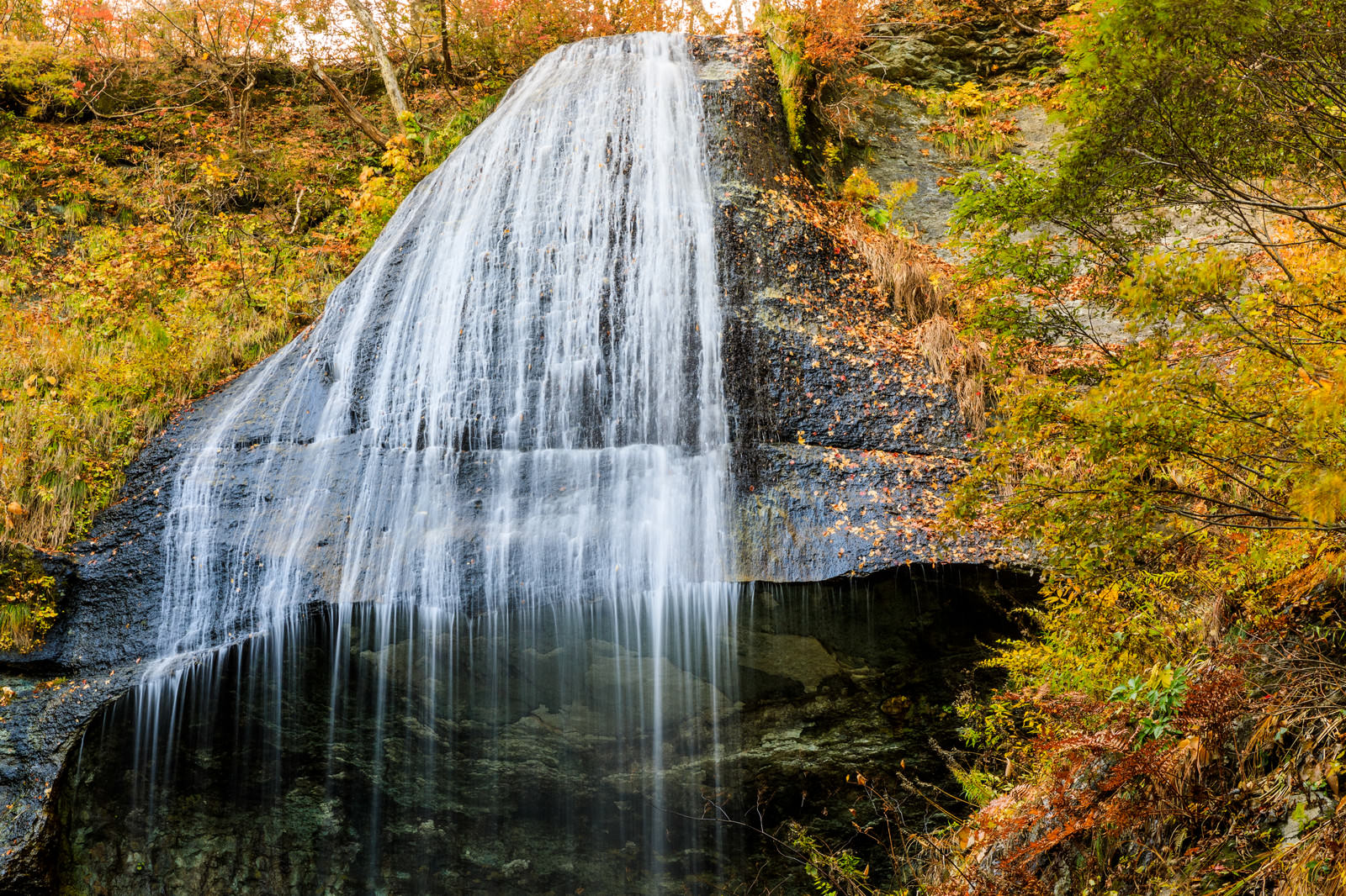 紅葉した木々と白糸の滝 岩手県和賀郡西和賀町 の無料の写真素材 フリー素材 をダウンロード ぱくたそ