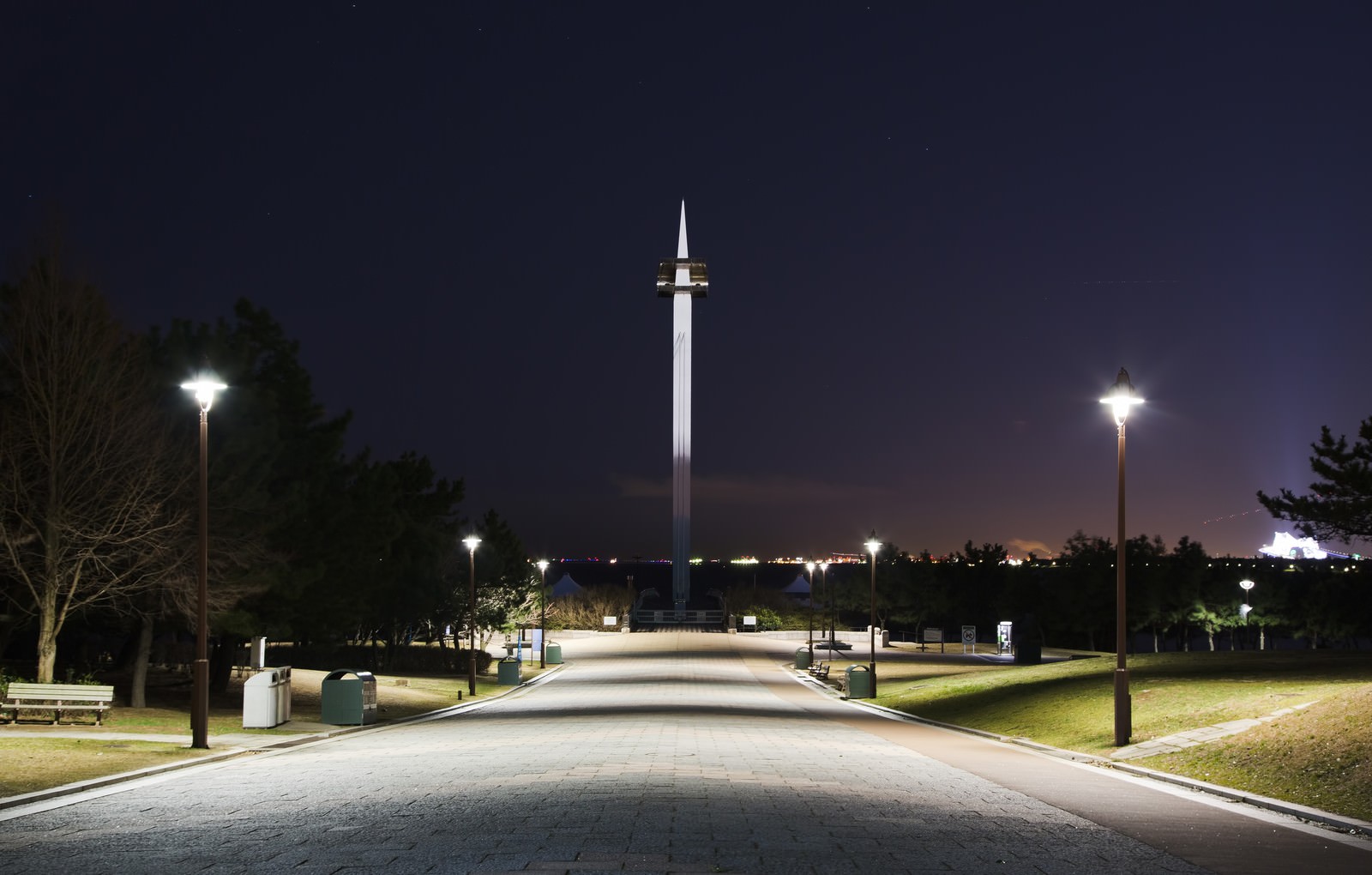 「夜の葛西臨海公園と遊歩道」