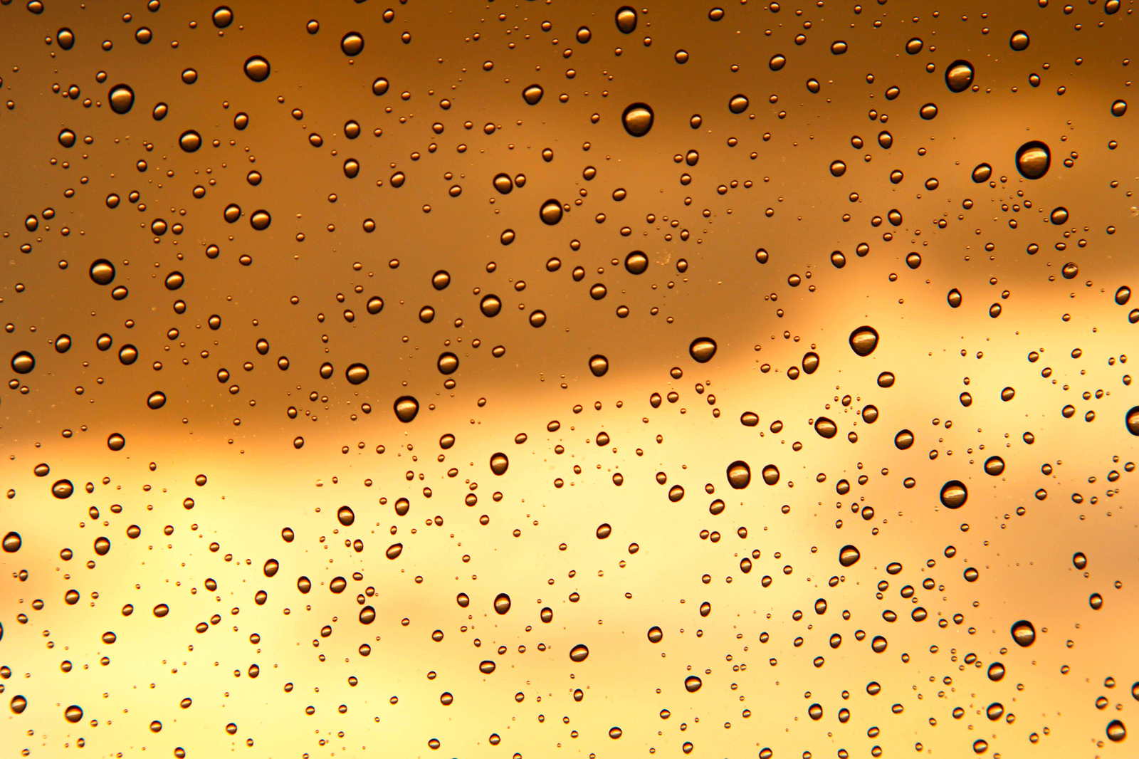 「夕焼け空と窓の水滴」の写真