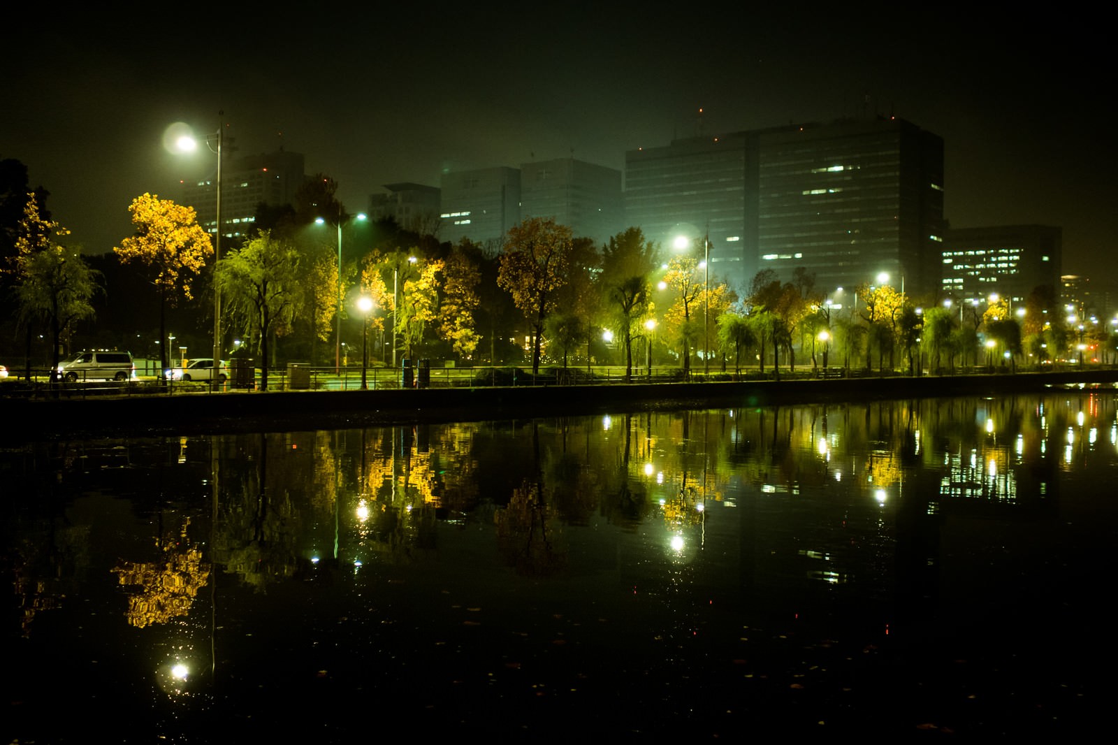 「水面に映り込む皇居の堀とビル群の夜景」