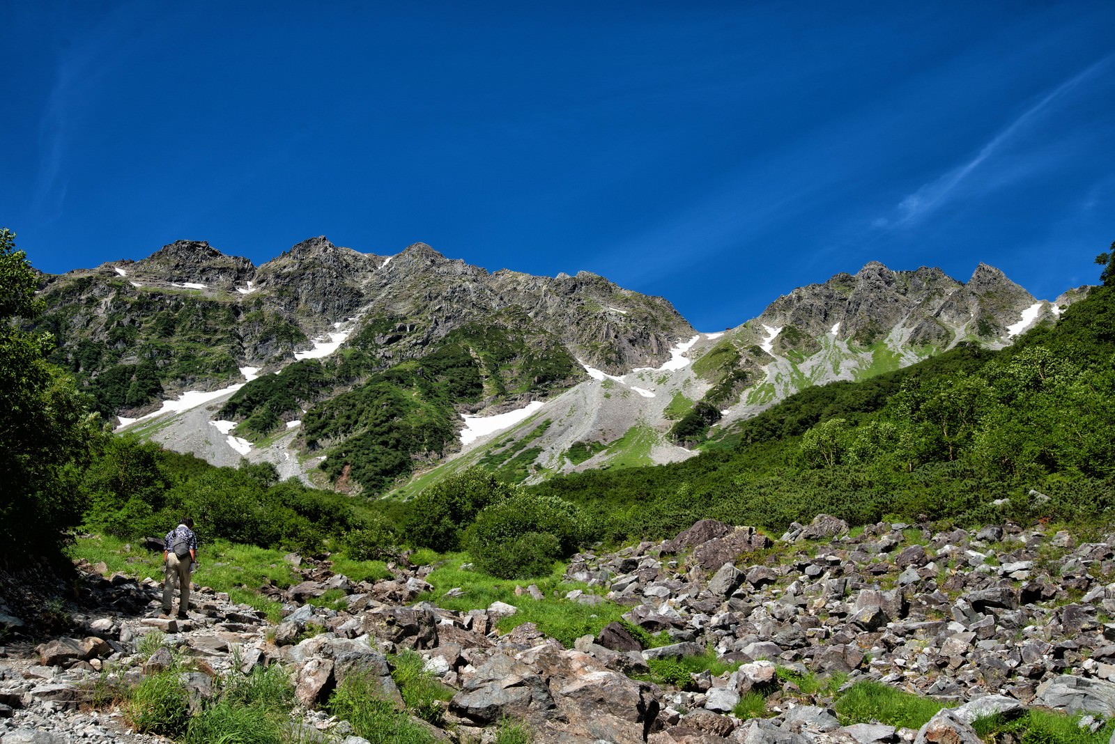 「涸沢カールに挑む登山者」の写真