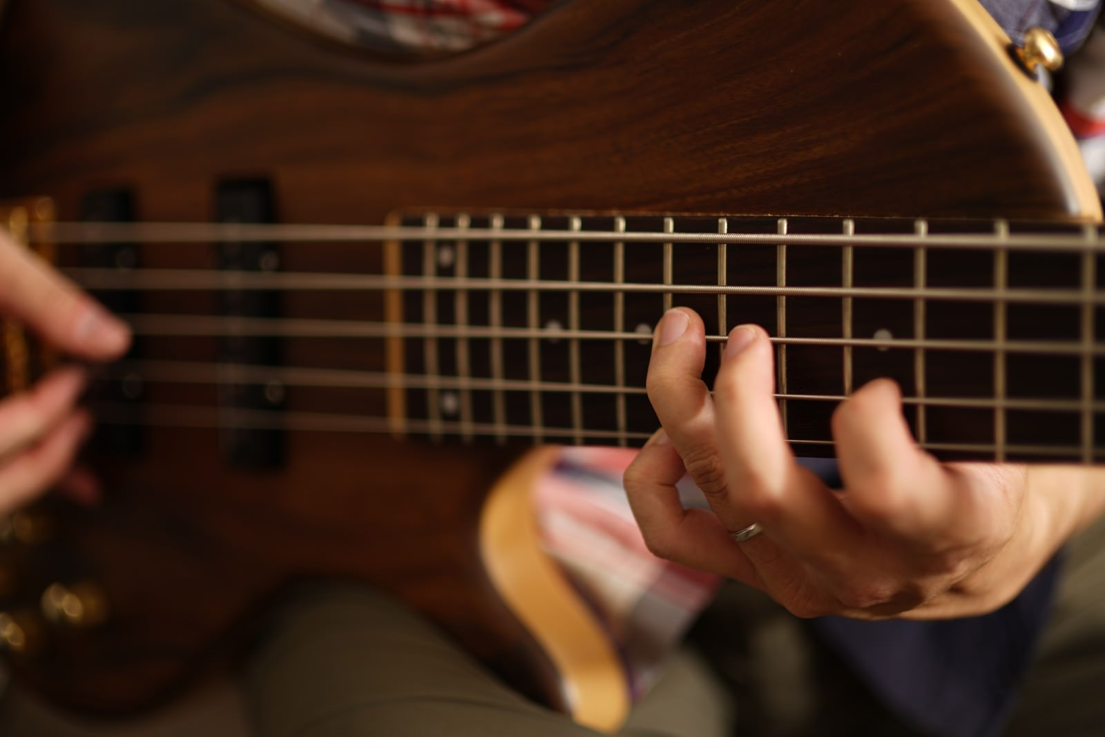 「5弦ベースを使うベーシストの左手」の写真