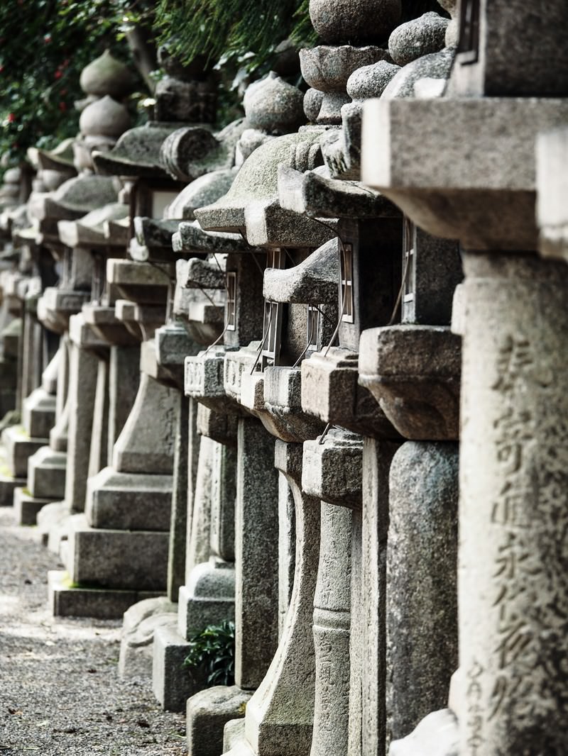 「石清水八幡宮本殿に並ぶ石灯籠」の写真
