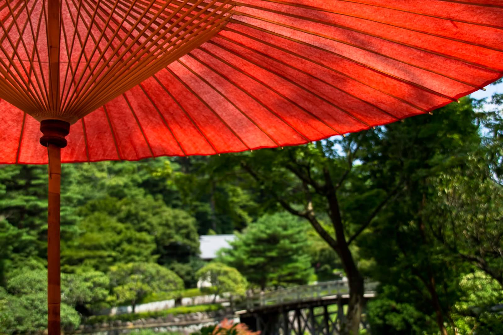 日本庭園と赤い日傘の無料の写真素材（フリー素材）をダウンロード - ぱくたそ