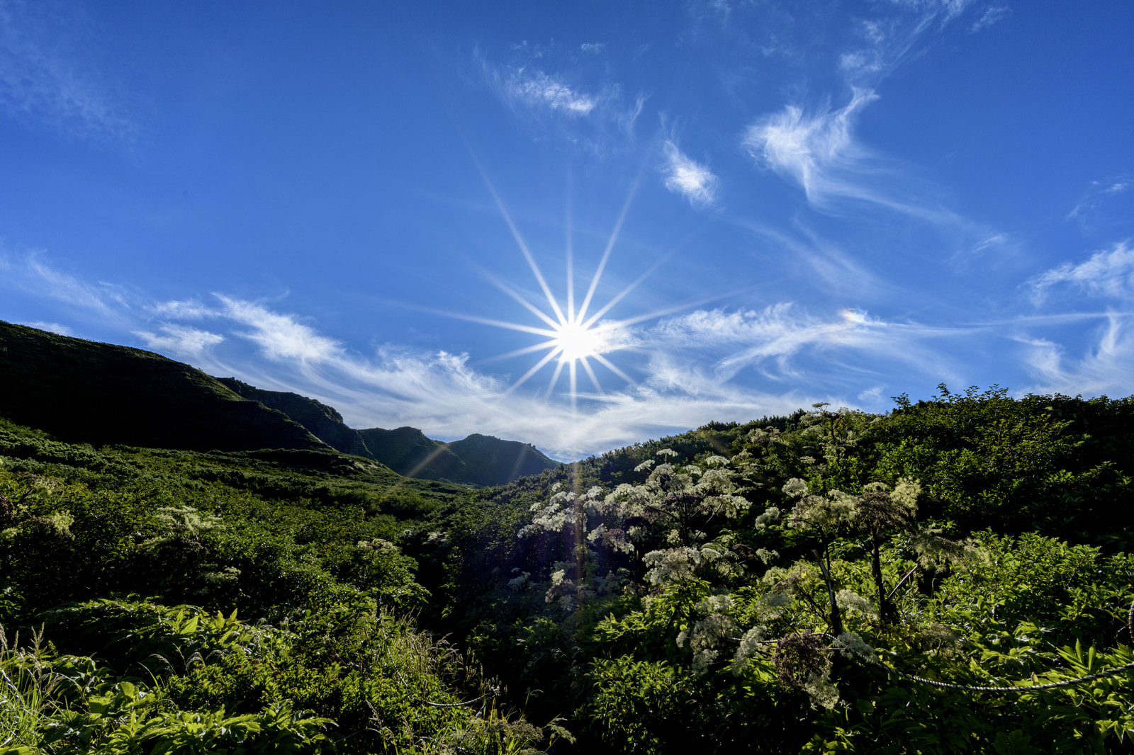 「岩手山不動平と光芒の太陽」の写真