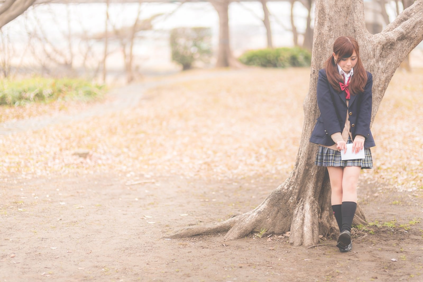 「放課後、木陰に隠れて告白のチャンスを伺う女子高生 | フリー素材のぱくたそ」の写真［モデル：河村友歌］