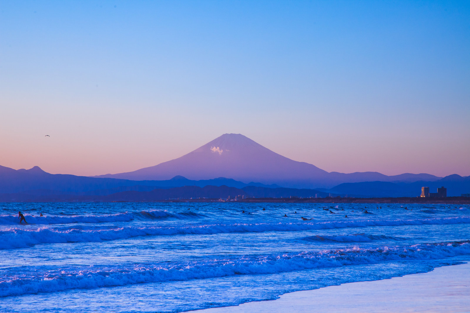 「海とサーファーと富士山」の写真