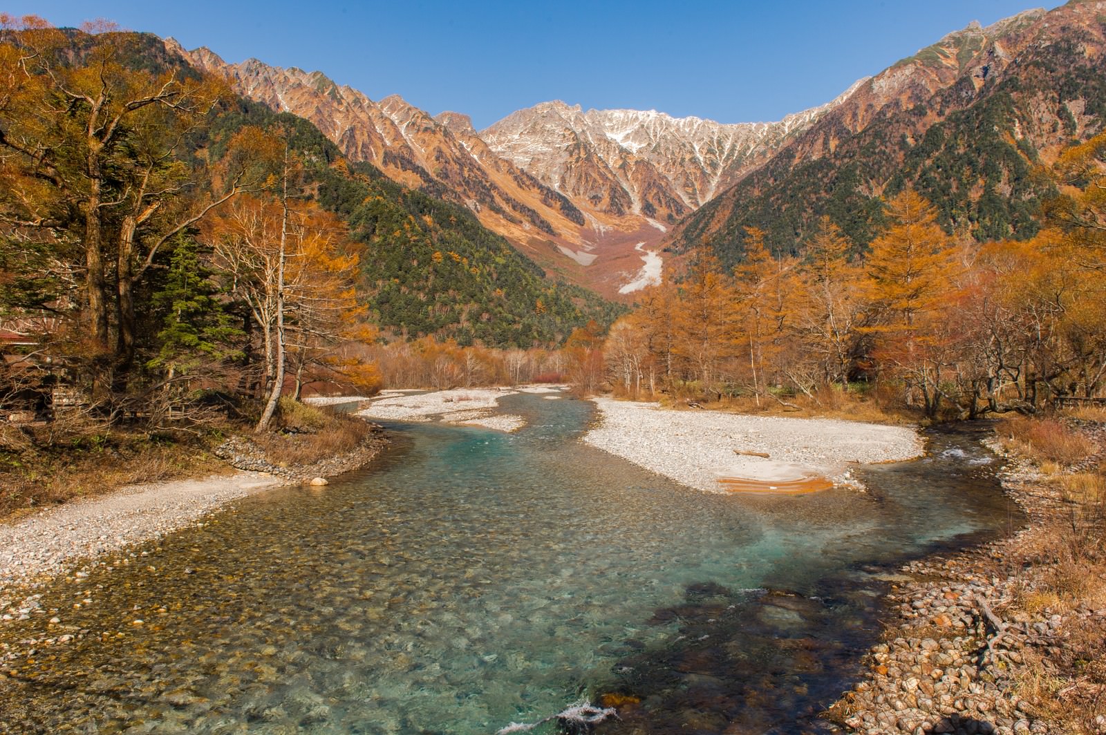 秋の上高地・梓川と穂高連峰のフリー素材