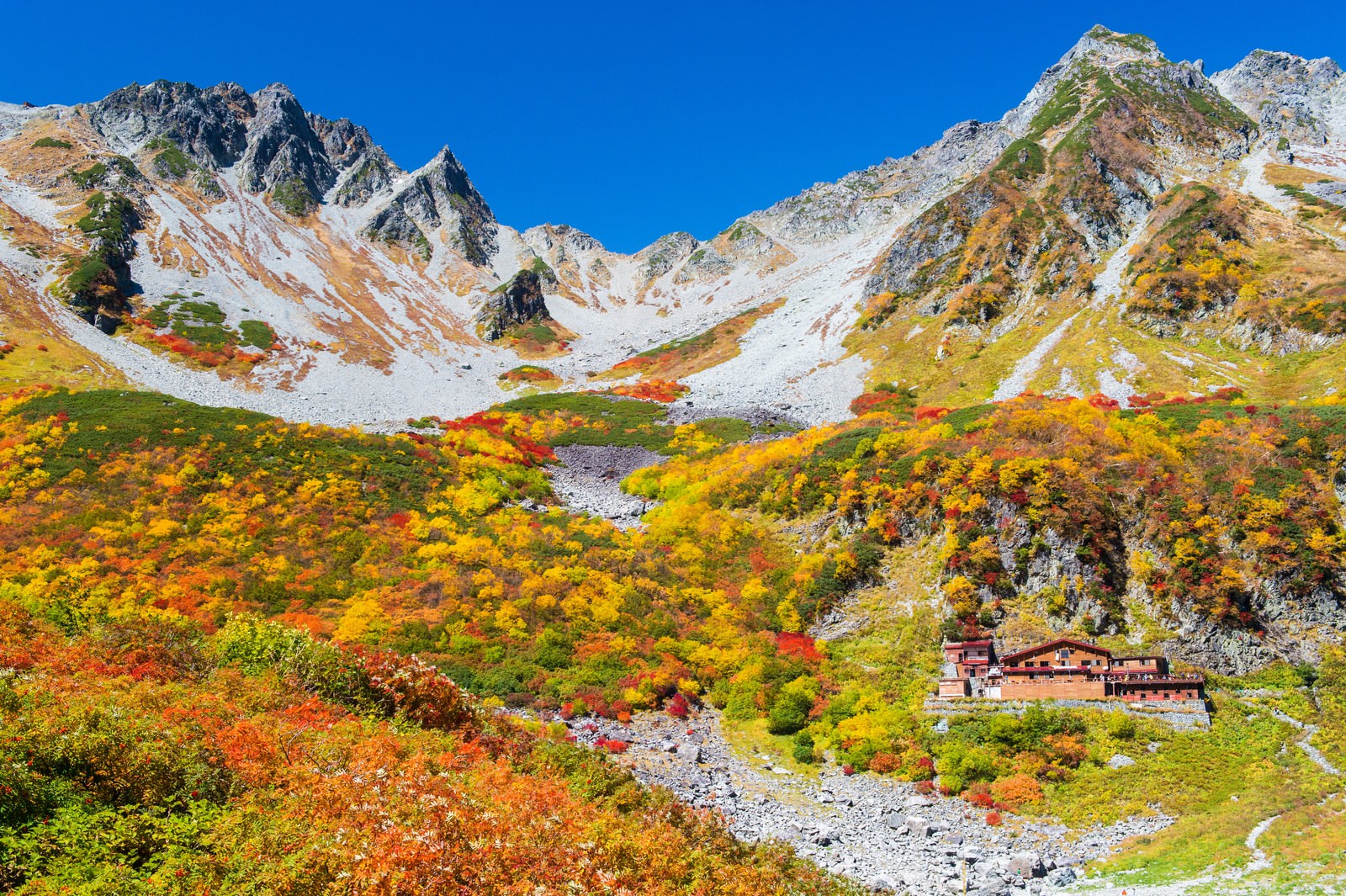 涸沢ヒュッテから見る涸沢カールの紅葉最盛期の写真素材 ぱくたそ