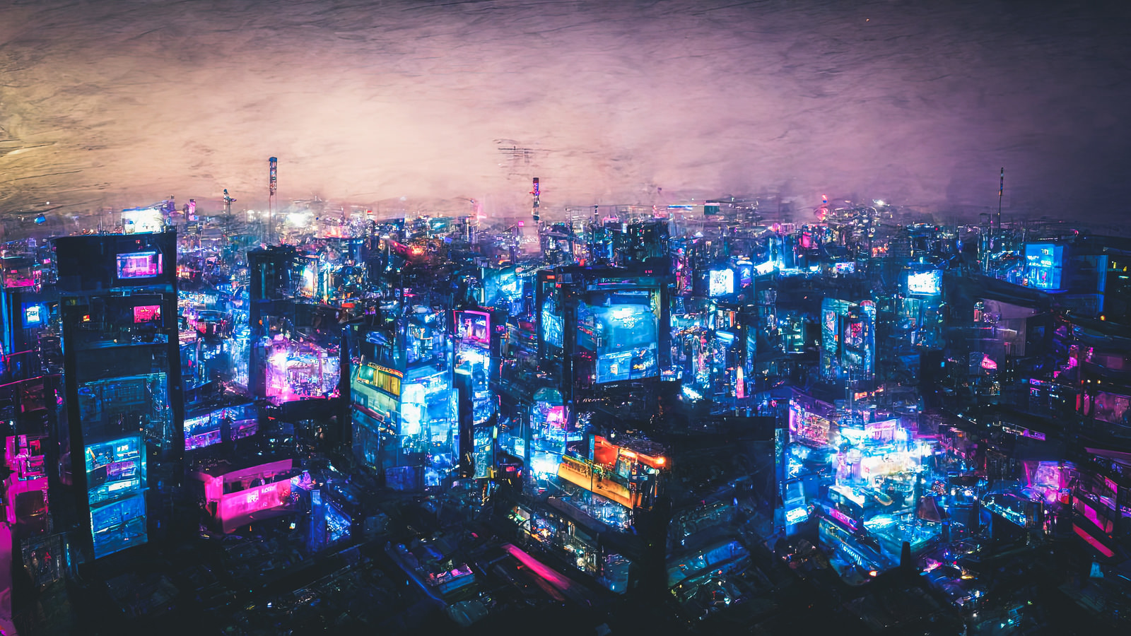 「仮想空間を表現する高層ビル群の夜景」の写真