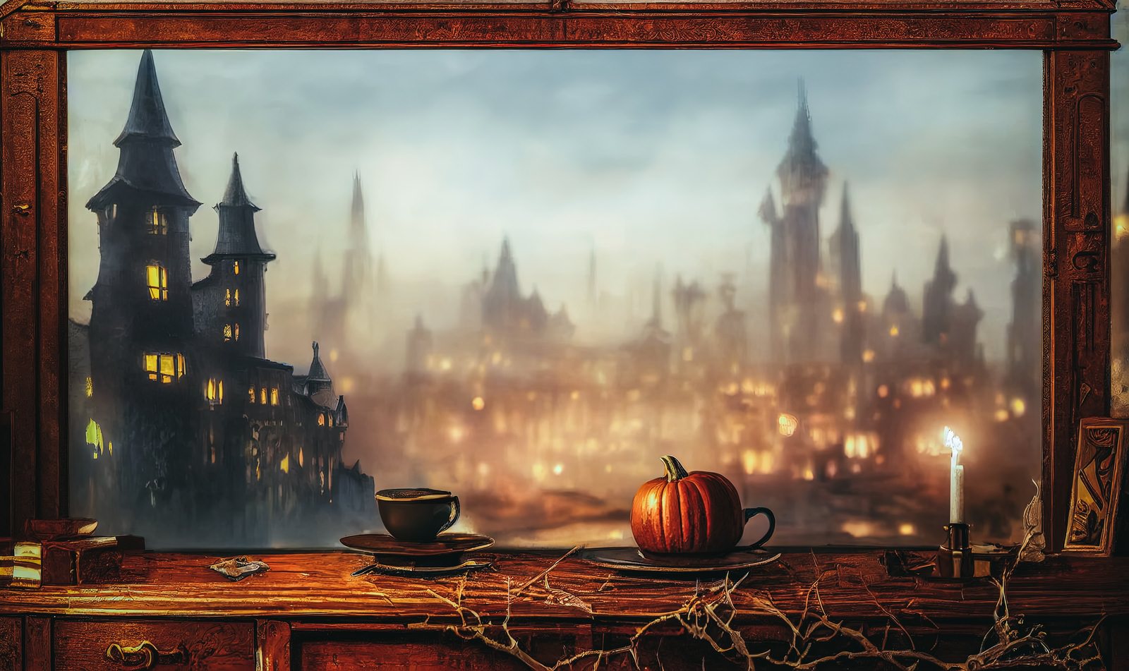 「古城の灯りと窓際のかぼちゃ」の写真