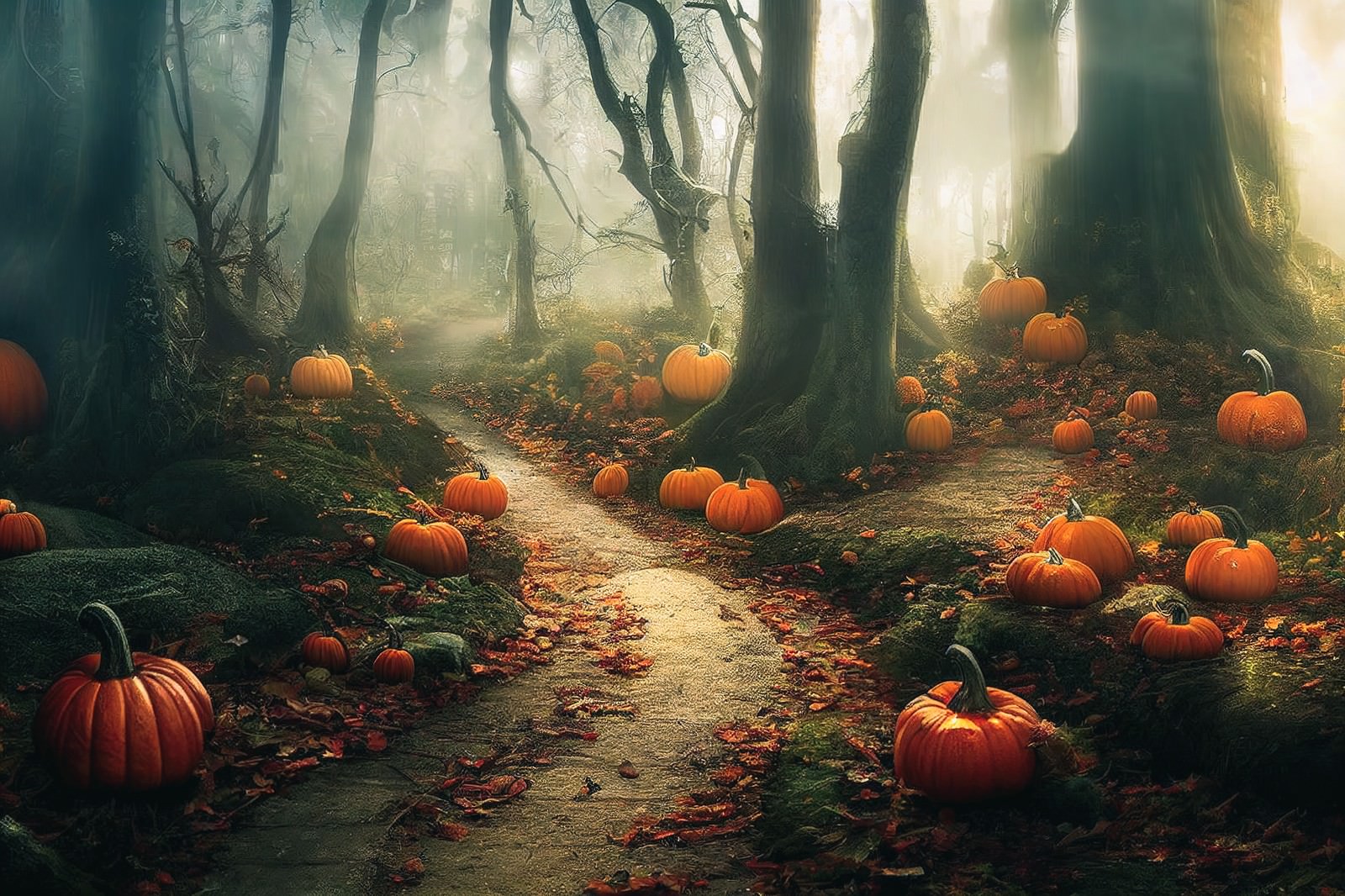 「かぼちゃが散らばるハロウィンの森 | フリー素材のぱくたそ」の写真