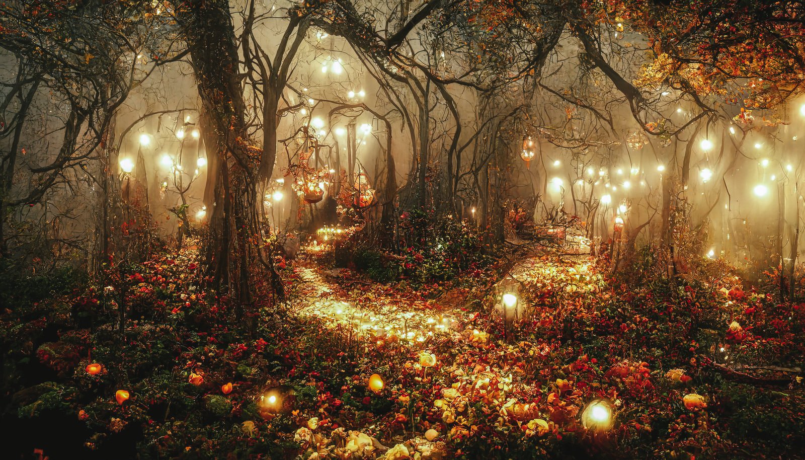「ライトアップされたハロウィンの森 | フリー素材のぱくたそ」の写真