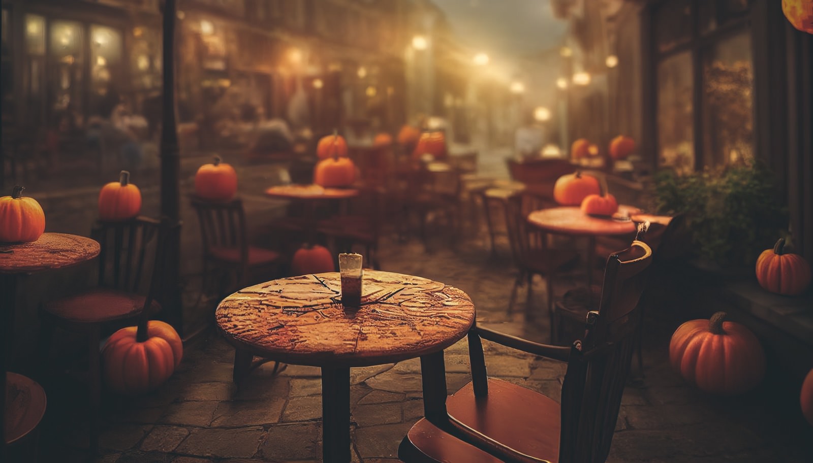 「ジャックランタンに専有されたカフェの様子 | フリー素材のぱくたそ」の写真