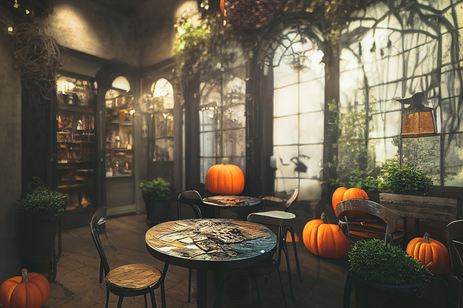 「かぼちゃを置いてハロウィンモードの店内 | フリー素材のぱくたそ」の写真