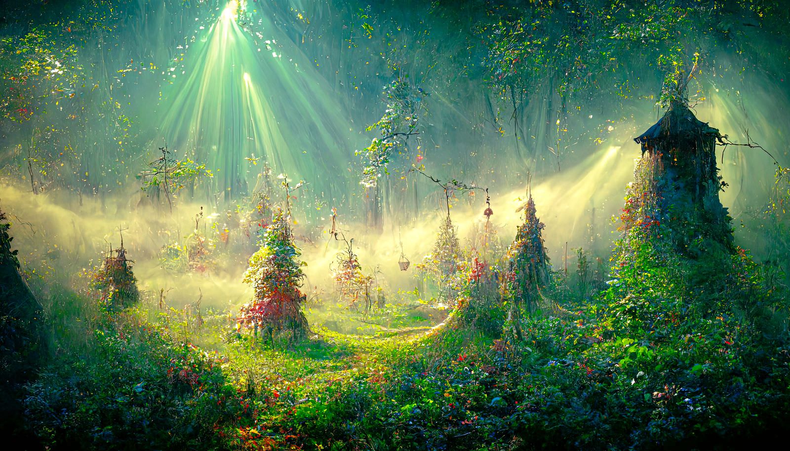 「光が差し込む不思議な森」の写真