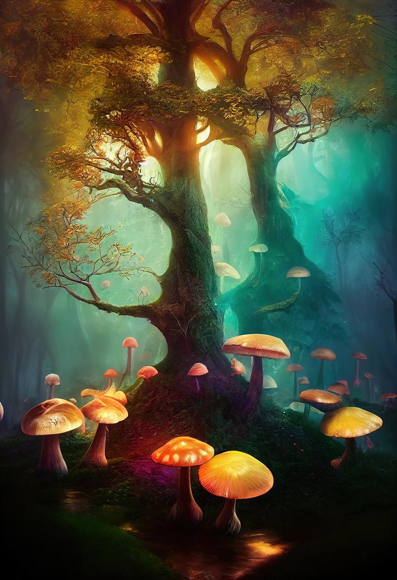 「発光するケミカルきのこと幻想的な深い森」の写真