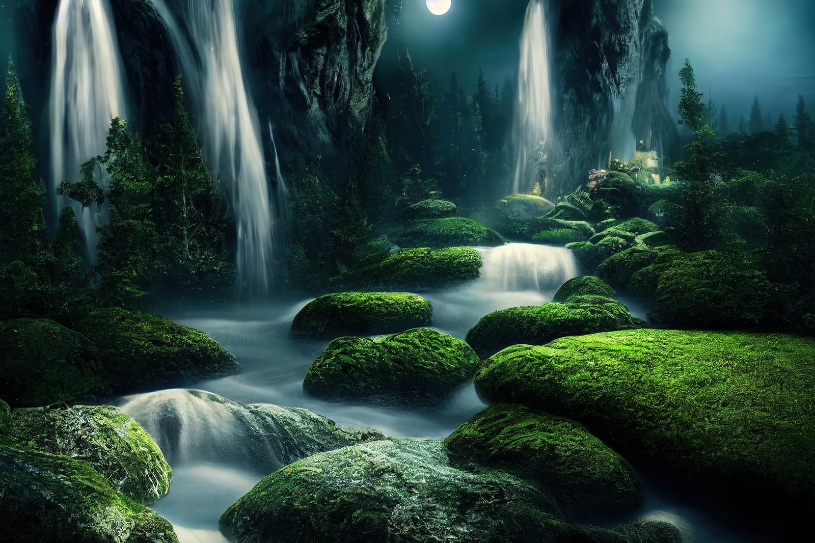 「夜の渓流と苔生す岩肌 | フリー素材のぱくたそ」の写真