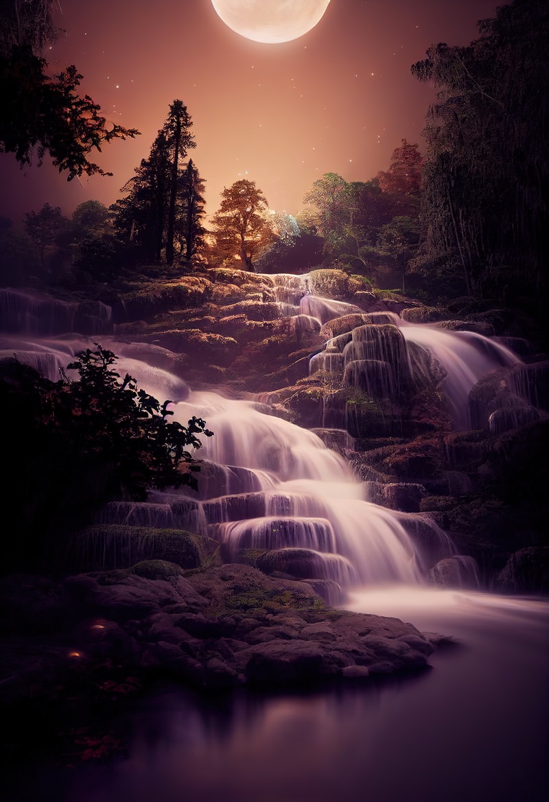 「月明りと流れ落ちる滝 | フリー素材のぱくたそ」の写真