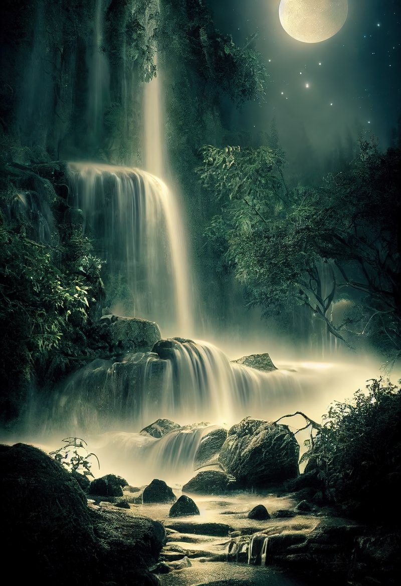 「月明りに照らされる滝の雫」の写真