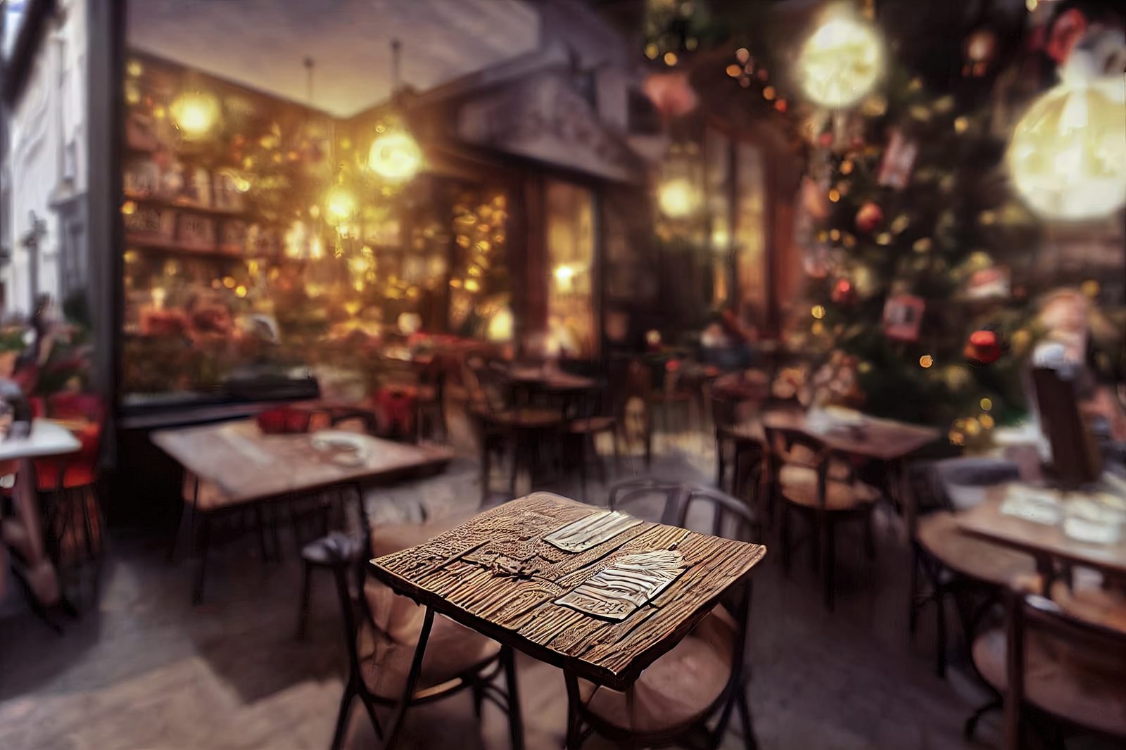 「クリスマスツリーが設営されたカフェ | フリー素材のぱくたそ」の写真