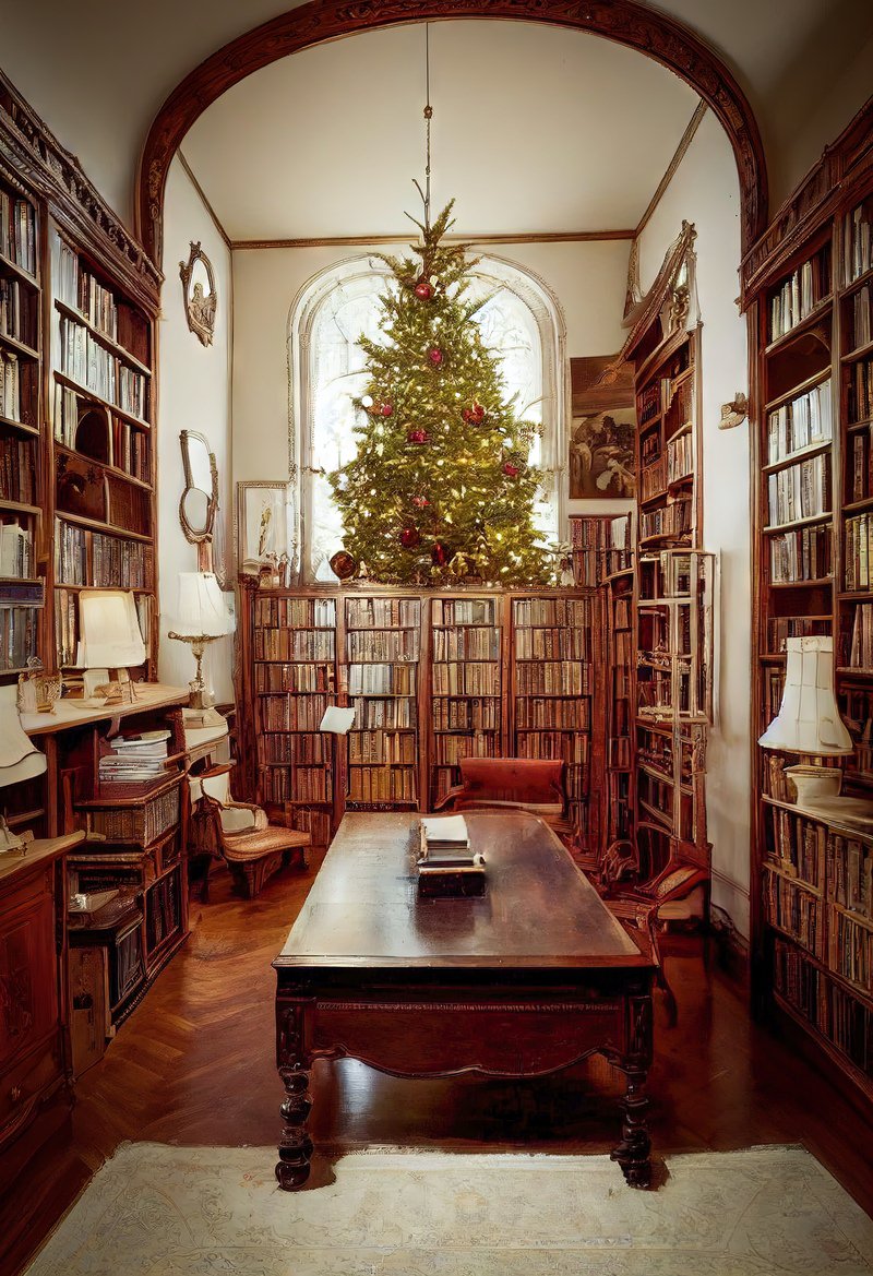 「書斎に置かれたクリスマスツリー | フリー素材のぱくたそ」の写真