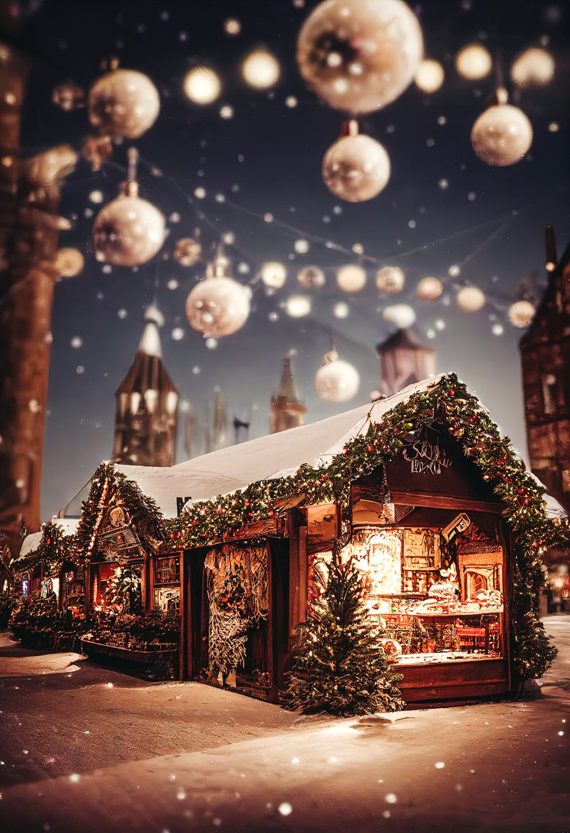 クリスマスのイベントで設営されたメタリックなボールとショップのai画像素材 ぱくたそ