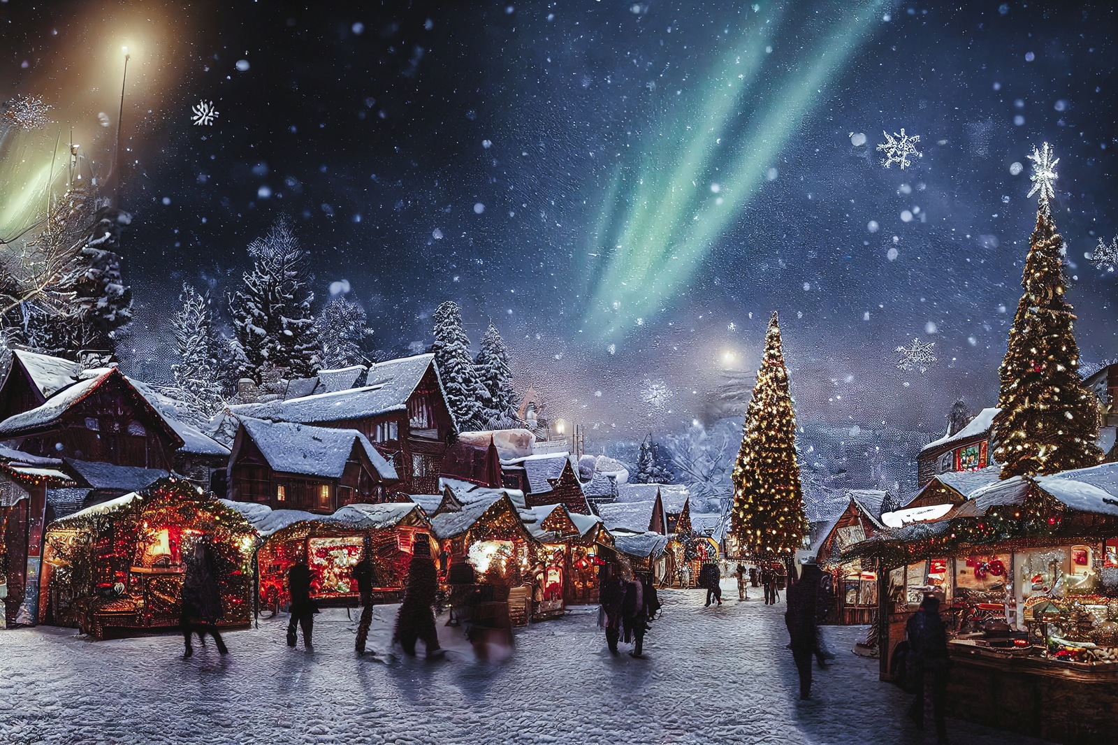 「オーロラとクリスマスムードの街並み」の写真