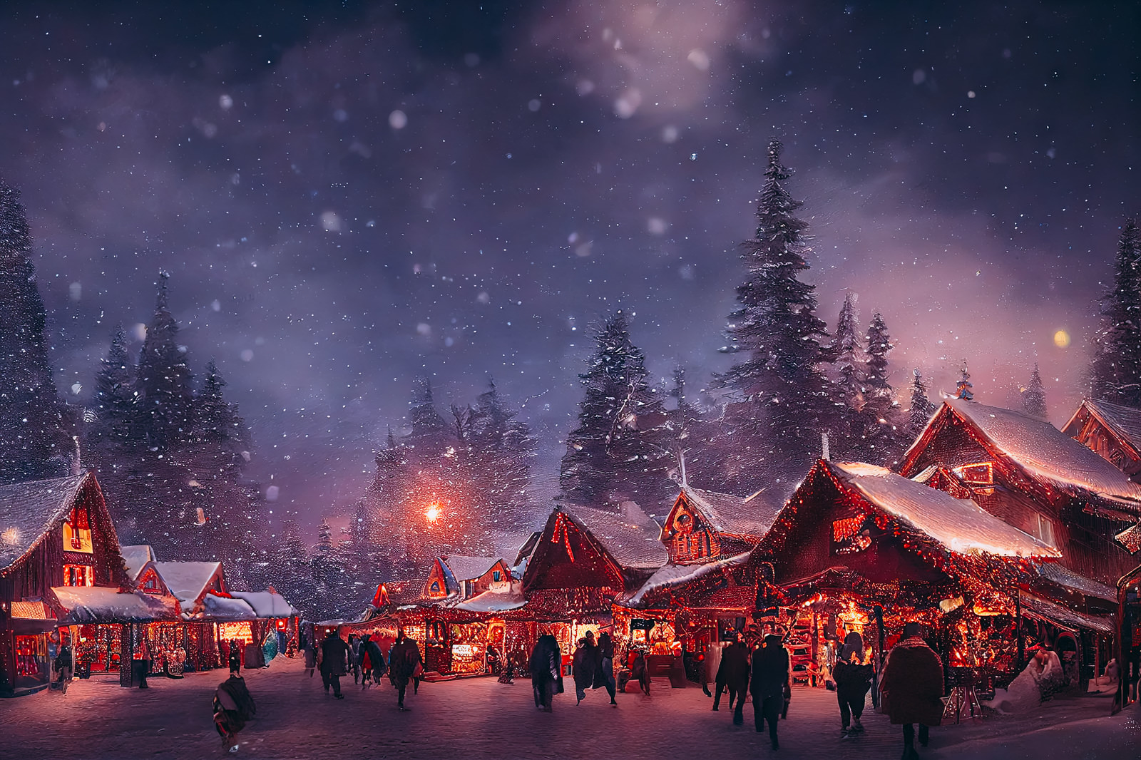 「クリスマスショップのイルミネーションと舞い散る雪」の写真