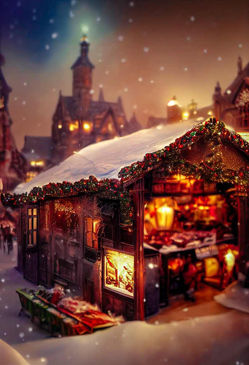 「雪が降る街とクリスマスデコしたショップ | フリー素材のぱくたそ」の写真