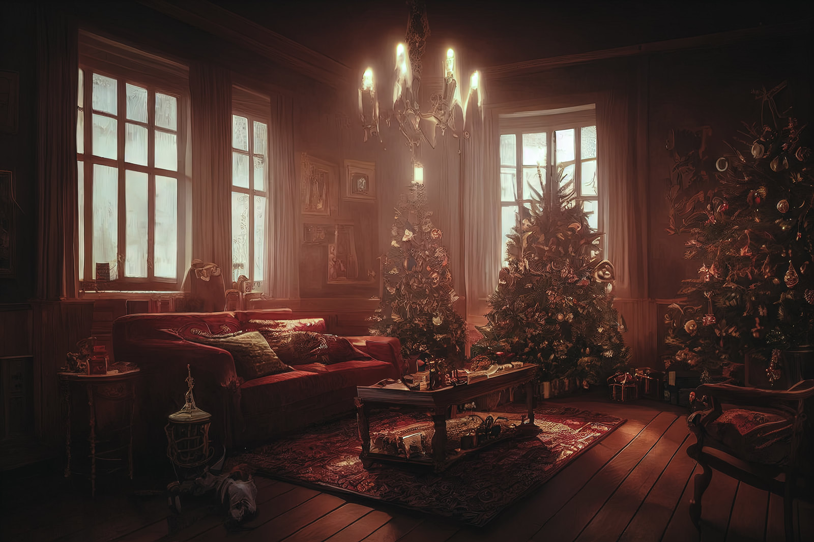 「クリスマスツリーとプレゼントが置かれたリビングの様子 | フリー素材のぱくたそ」の写真