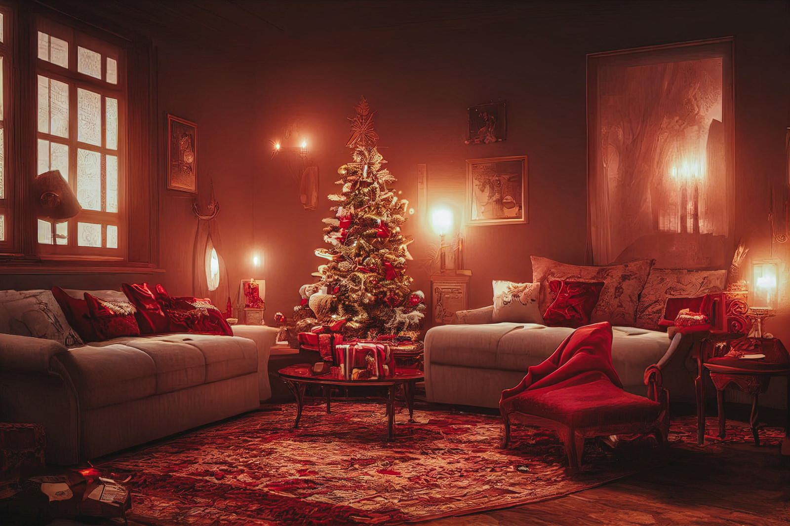 「クリスマスツリーが中央に置かれライトアップされた室内 | フリー素材のぱくたそ」の写真