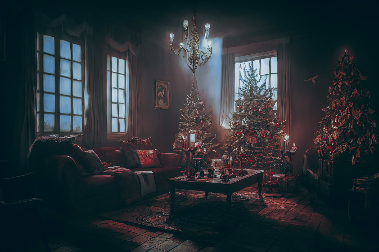 「消し忘れたリビングの照明とクリスマスツリー | フリー素材のぱくたそ」の写真
