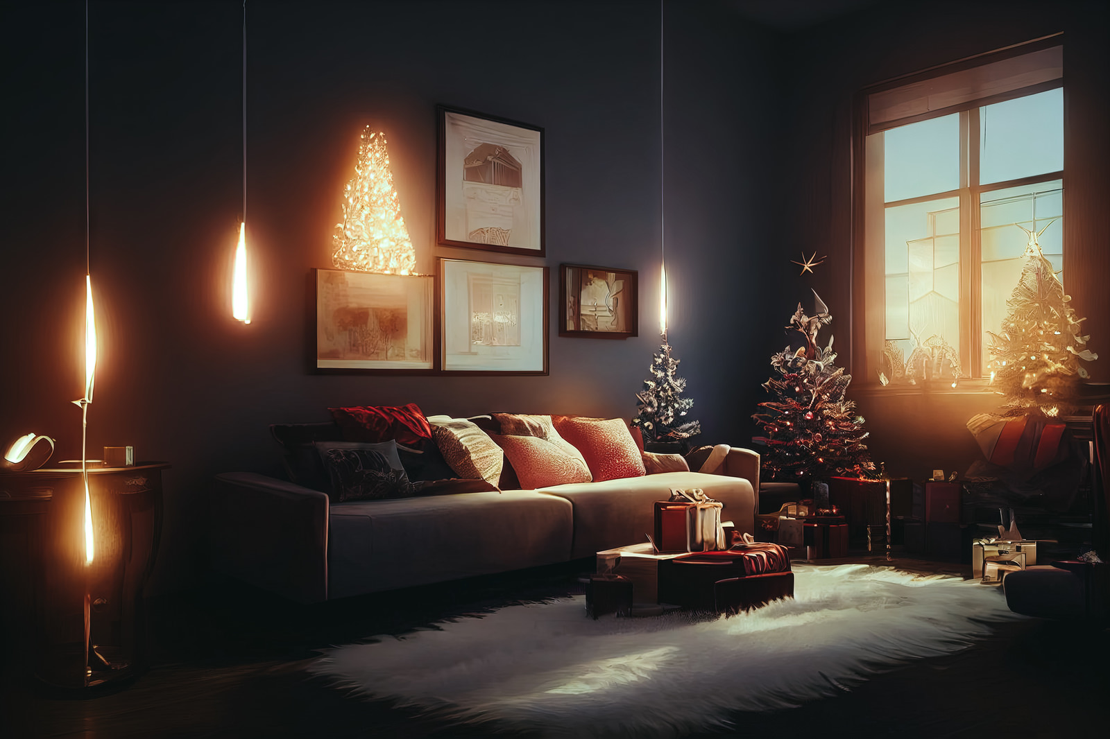 「キャンドルの明かりとクリスマスツリーのある広いリビング | フリー素材のぱくたそ」の写真