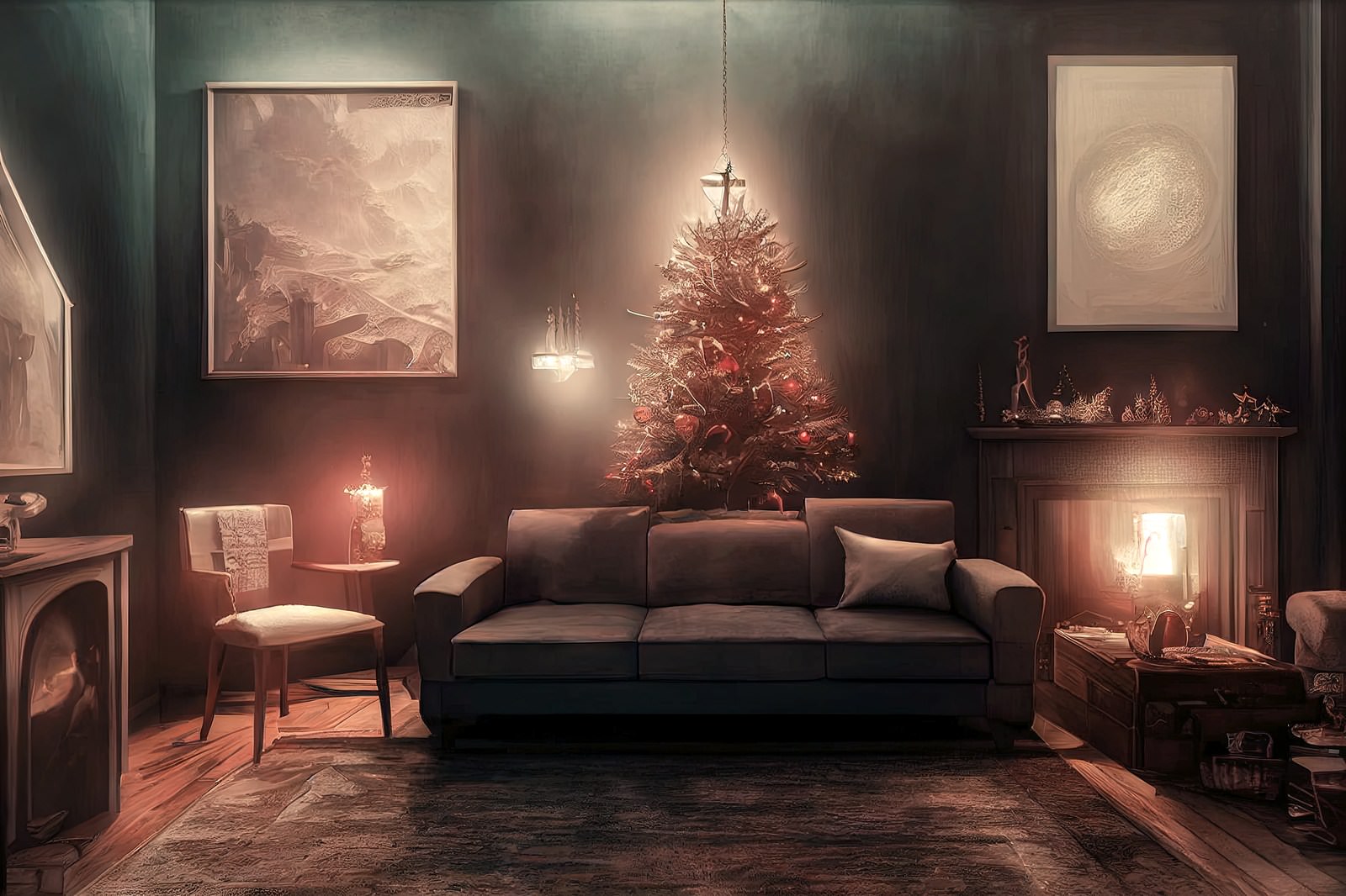 「クリスマスツリーの前のソファー | フリー素材のぱくたそ」の写真