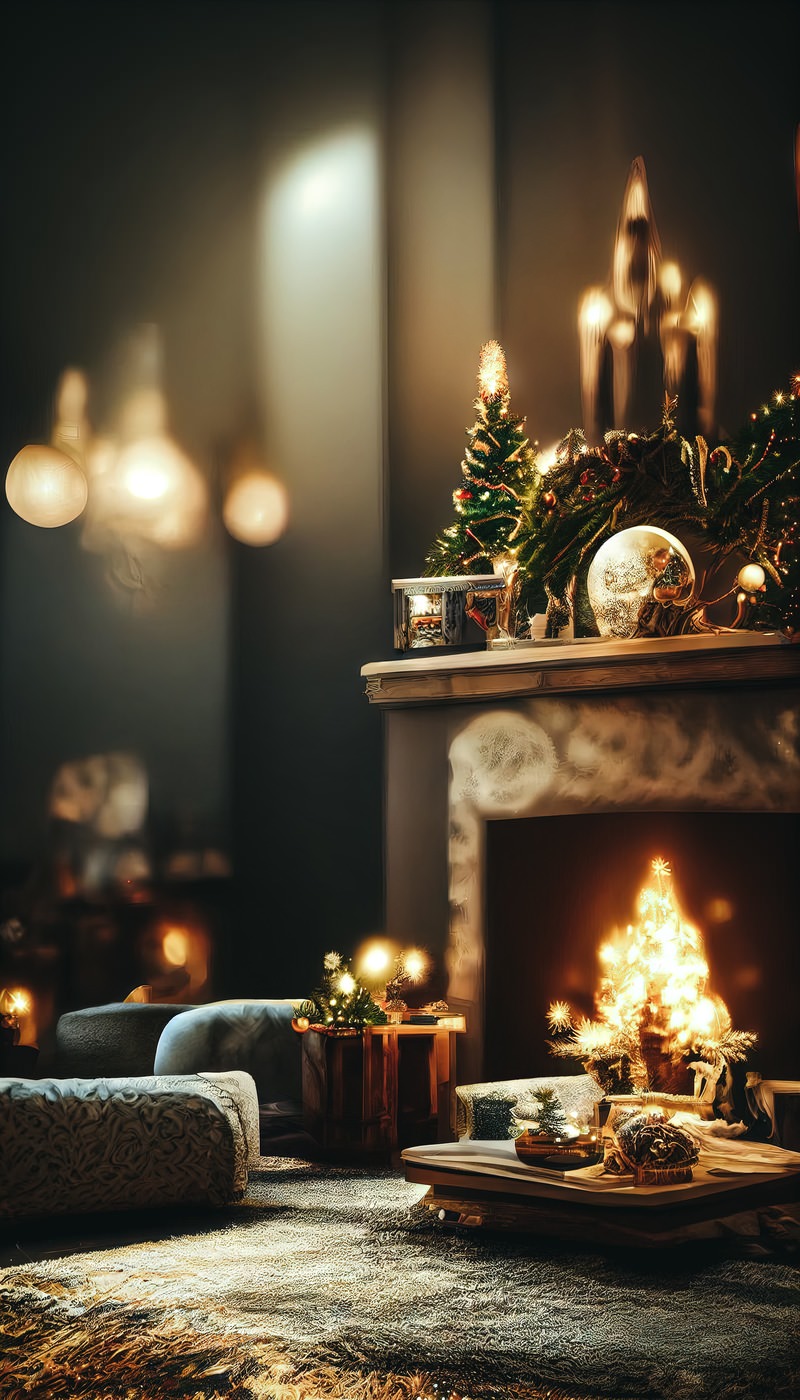 「クリスマスに彩る暖炉ある部屋」の写真