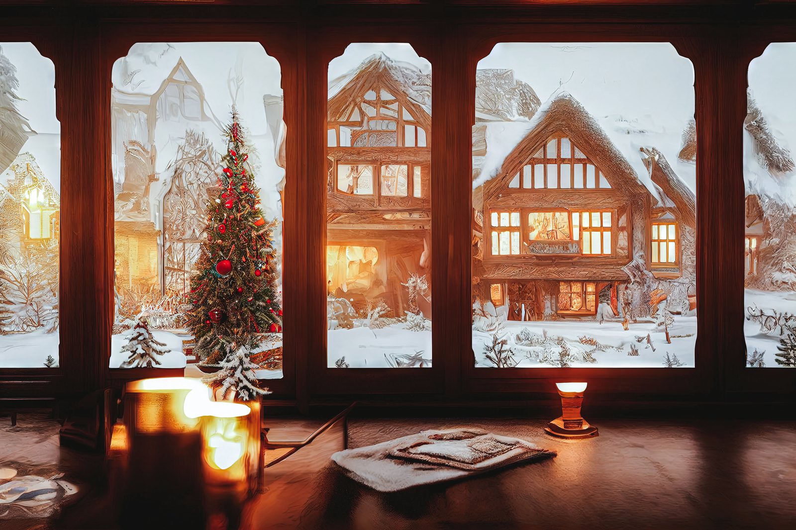 「雪が降り積もった屋外とクリスマスツリー」の写真