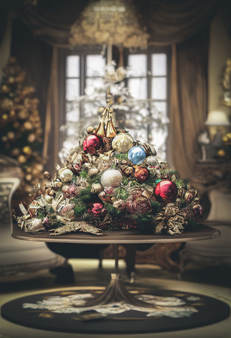 「卓上のクリスマスツリーとオーナメント | フリー素材のぱくたそ」の写真