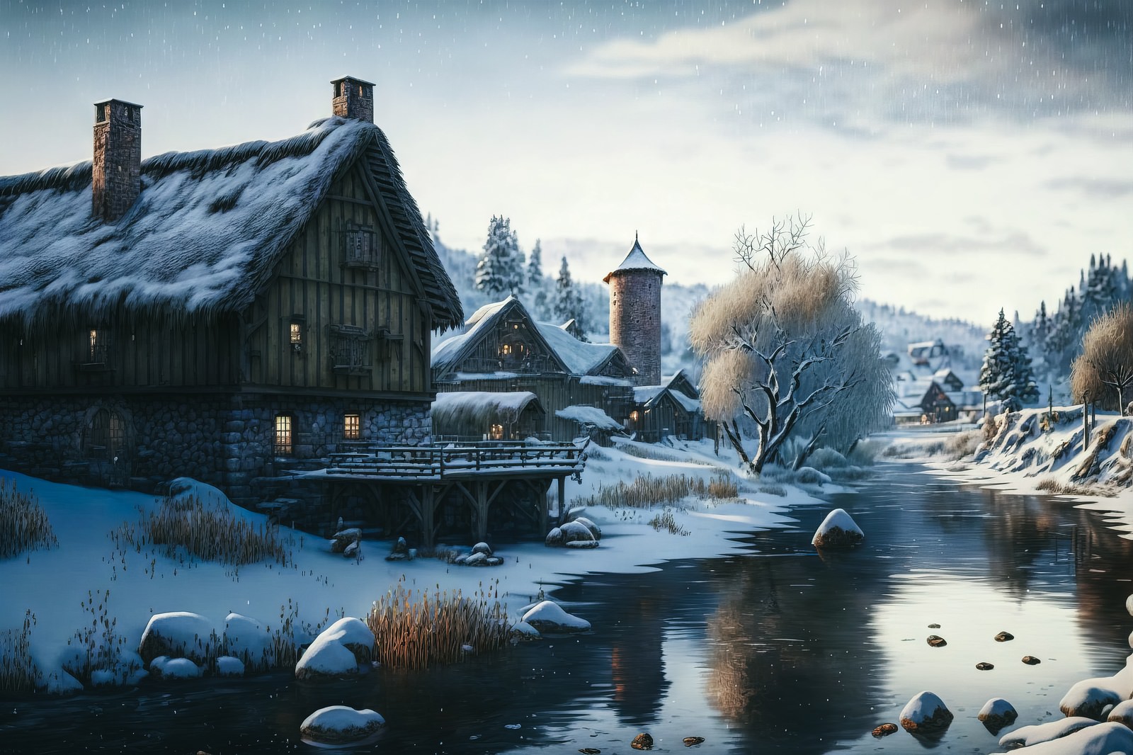 「雪積もる川沿いの村」の写真