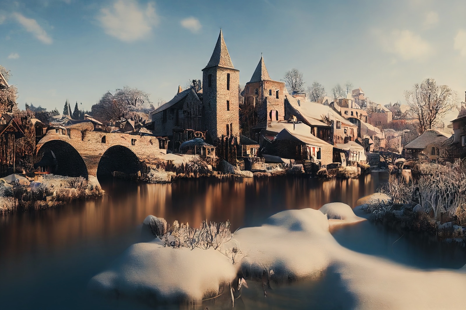 「川に積もる雪と集落」の写真