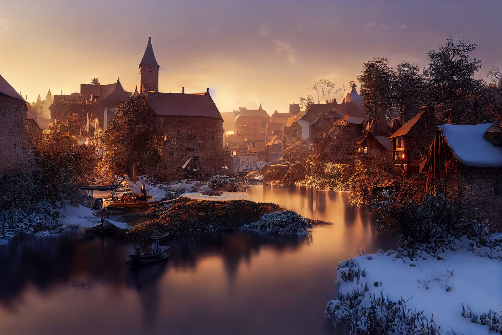 「夕暮れに染まる雪国の町」の写真