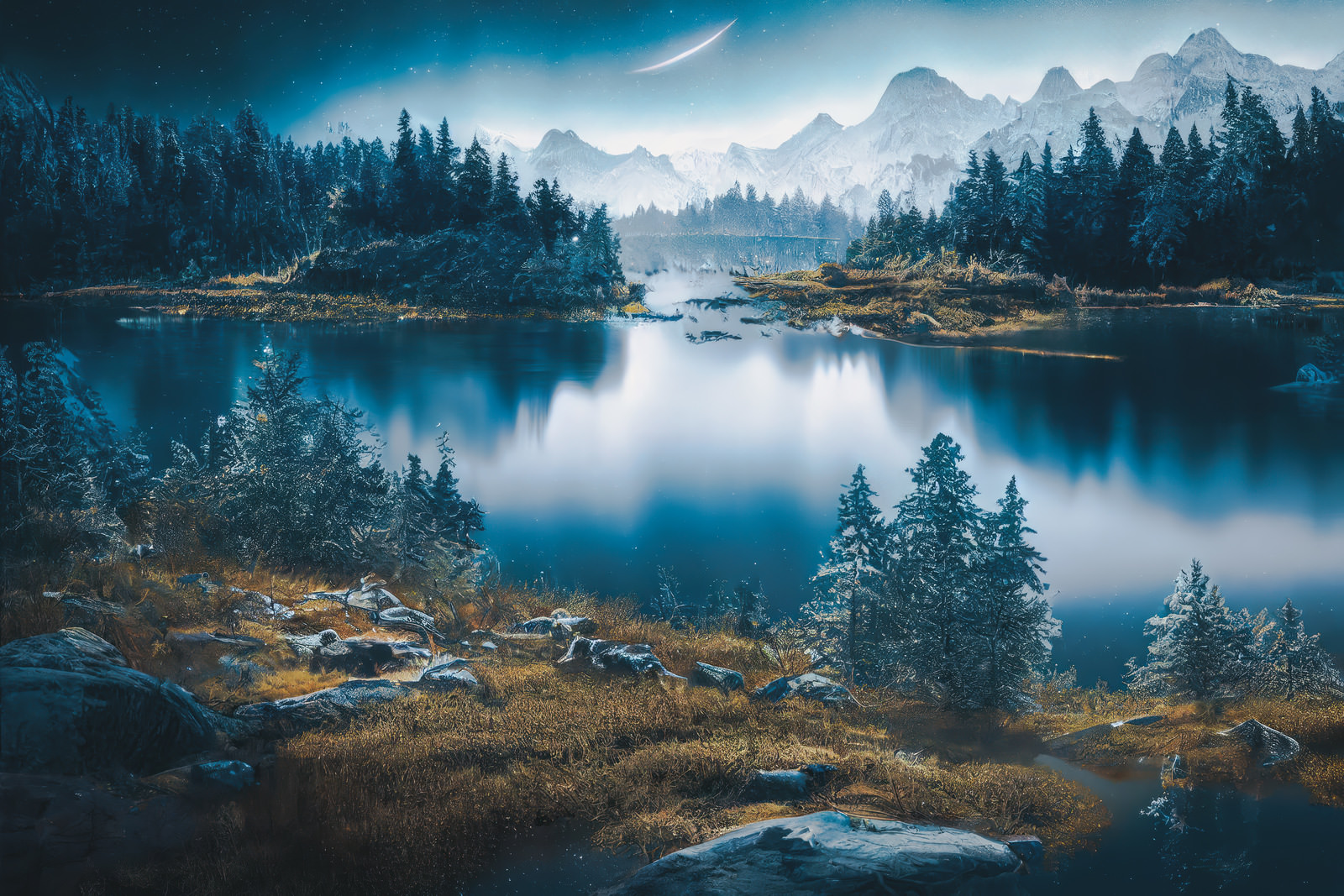 湖畔からの眺める湖面の静寂の無料のAI画像素材 - ID.86204｜フリー