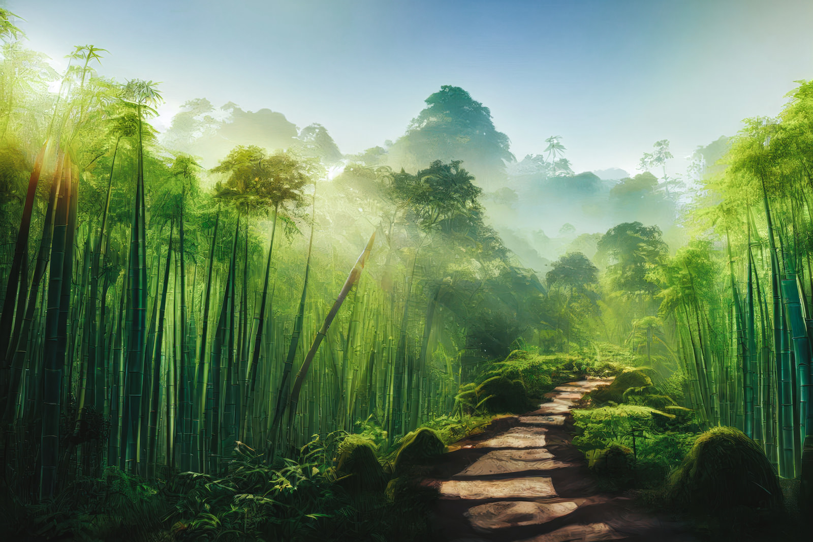 「竹林から注ぐ太陽の光 | フリー素材のぱくたそ」の写真