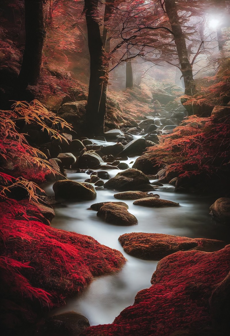 「赤で染まる渓流」の写真