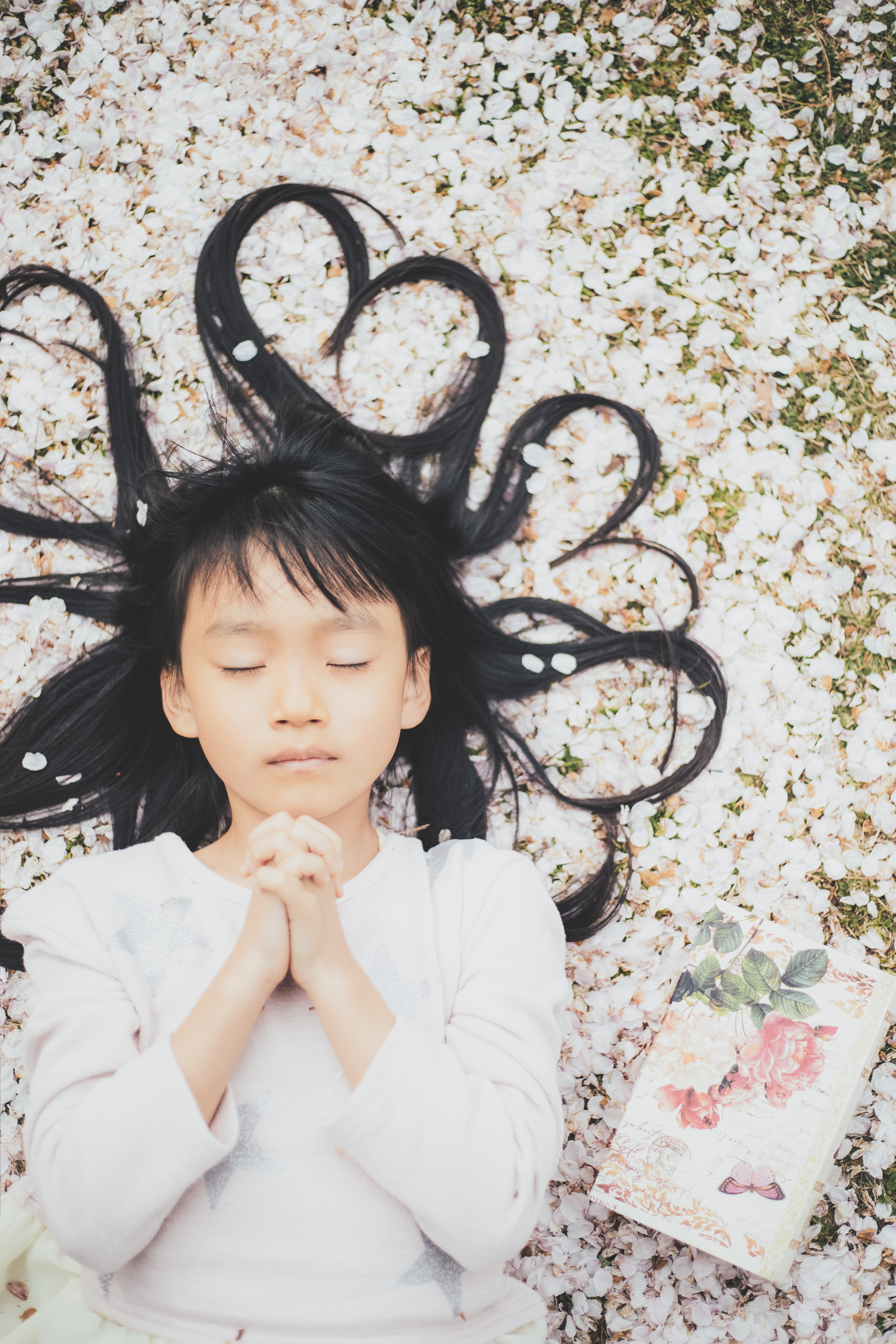 桜の花びらに横たわり祈る女の子の写真素材 ぱくたそ